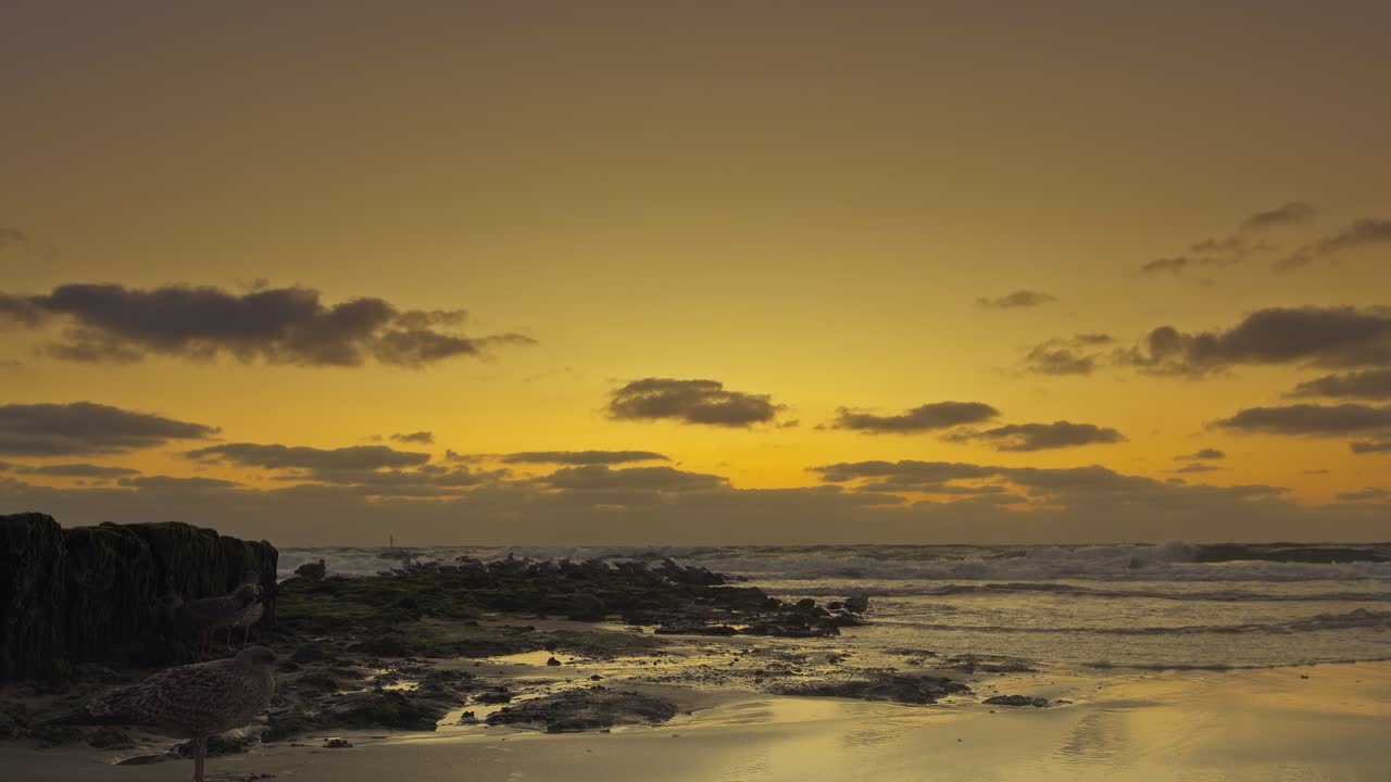 pequeñas olas lavan alrededor de un espigón en una playa mientras el cielo es de color naranja por la puesta de sol