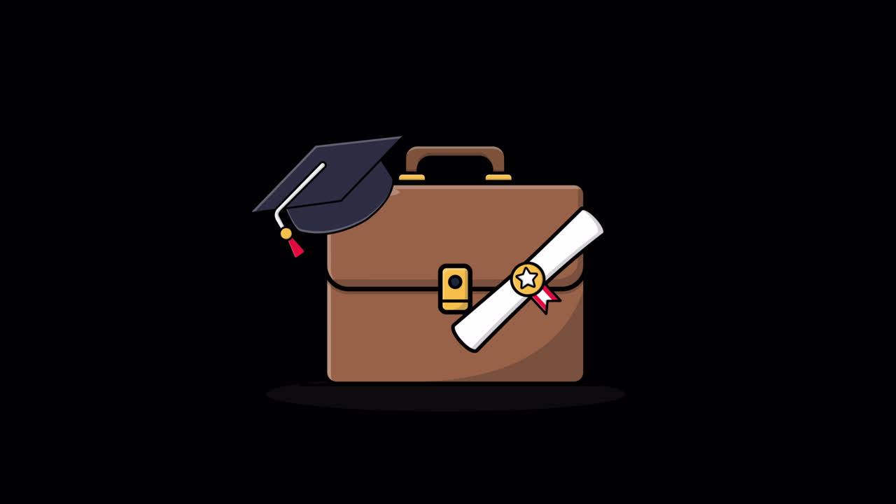 Tocco di laurea e diploma animati con valigetta