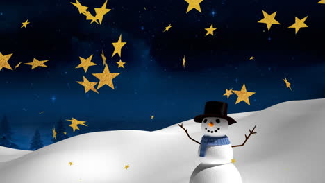 Animation-of-stars-falling-over-snowman-in-winter-scenery