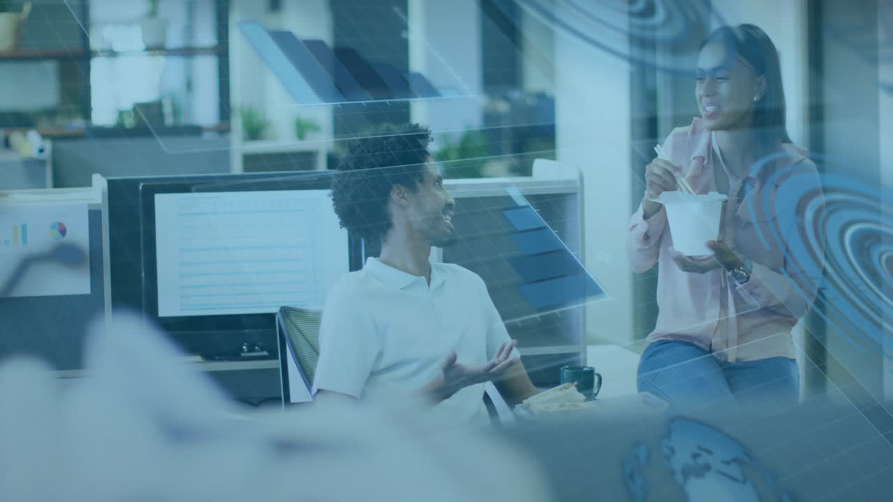 Man leaning and making point, woman eating with chopsticks smiling, blue overlay tinting office
