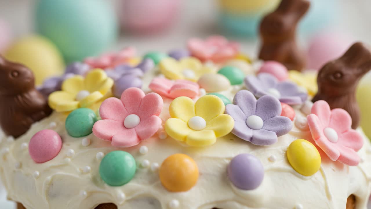 A Beautifully Decorated Cake Topped with Colorful Flowers and Chocolate Bunnies, Perfect for Celebrations and Seasonal Festivities