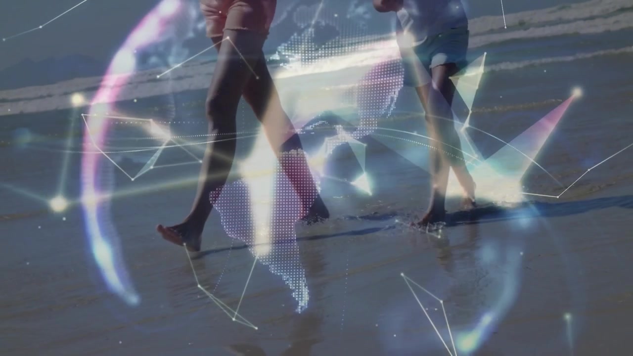 Woman and girl starting walking along wet shore bonding under tech overlay, globe pulsing