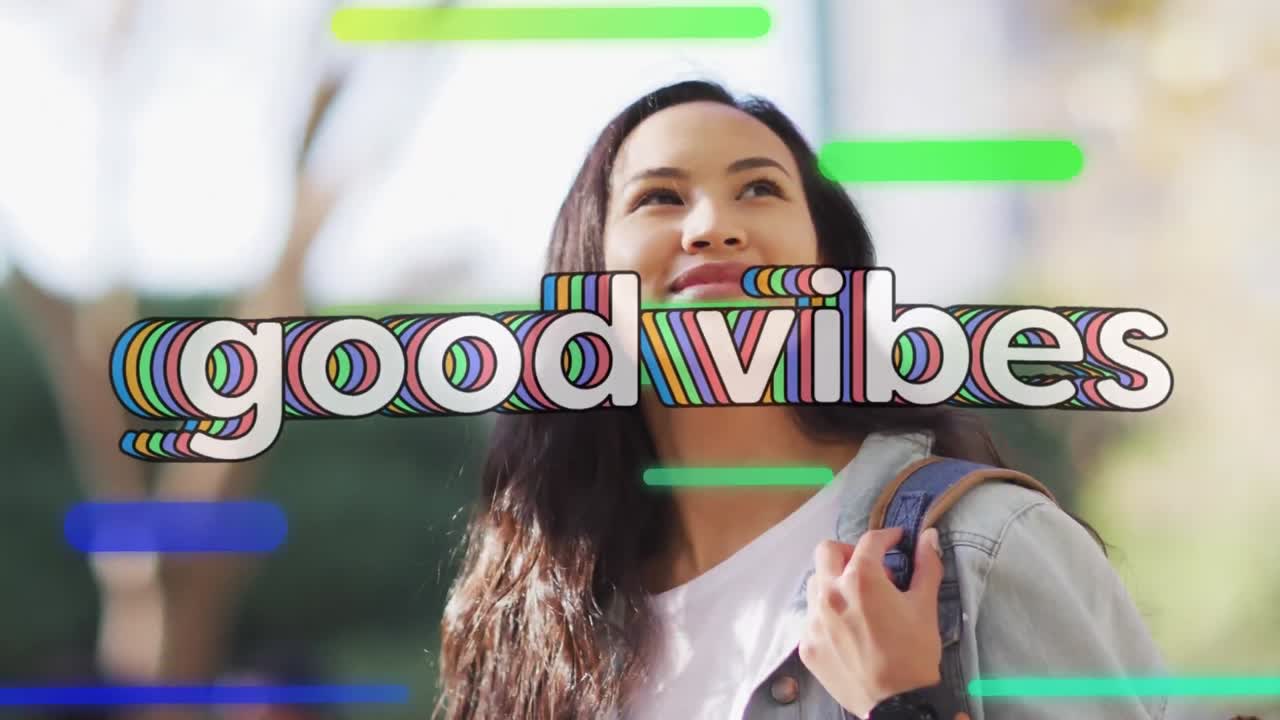 animación de buenas vibraciones texto sobre mujer biracial con mochila