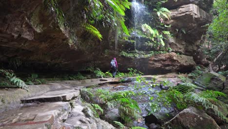 chica indígena australiana caminando debajo de una pequeña cascada en las montañas azules, nsw australia