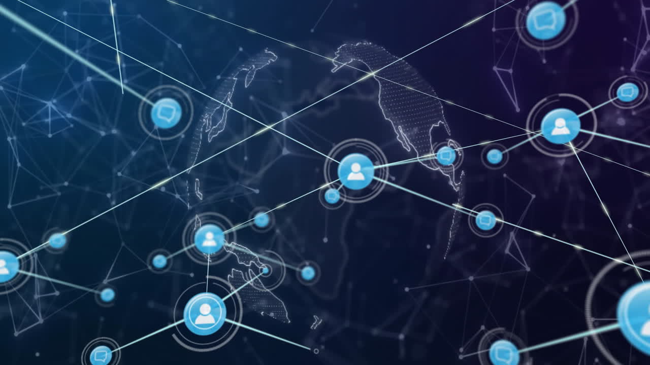 Network of connections and data processing animation over world map background