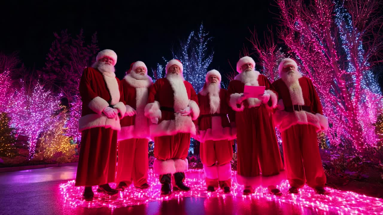 A Festive Gathering of Santas Celebrating the Joy of the Holiday Season Amidst a Dazzling Display of Colorful Lights and Decorations, Bringing Cheer and Laughter to All During the Magical Time of Christmas