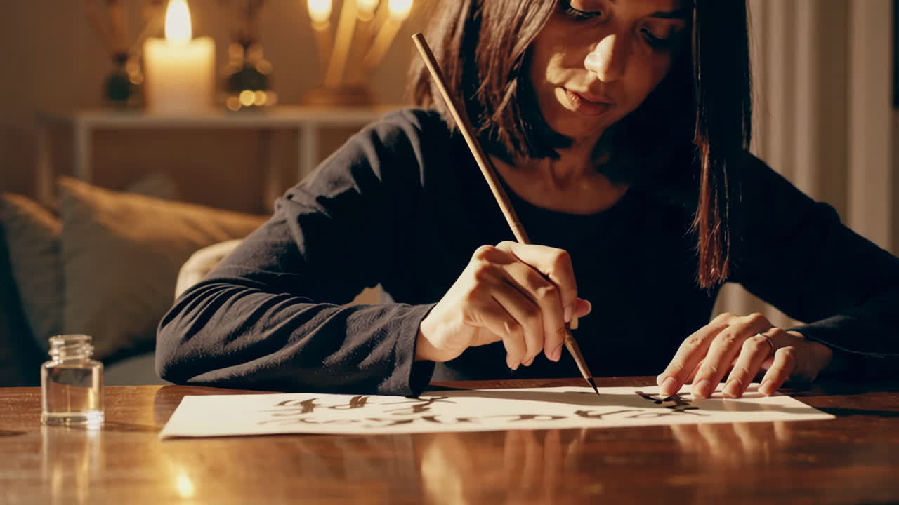 Woman practicing calligraphy at home