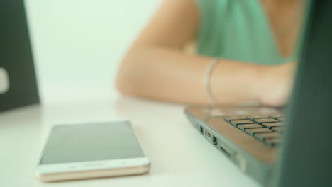 lady busy working on his desk while typing on her laptop