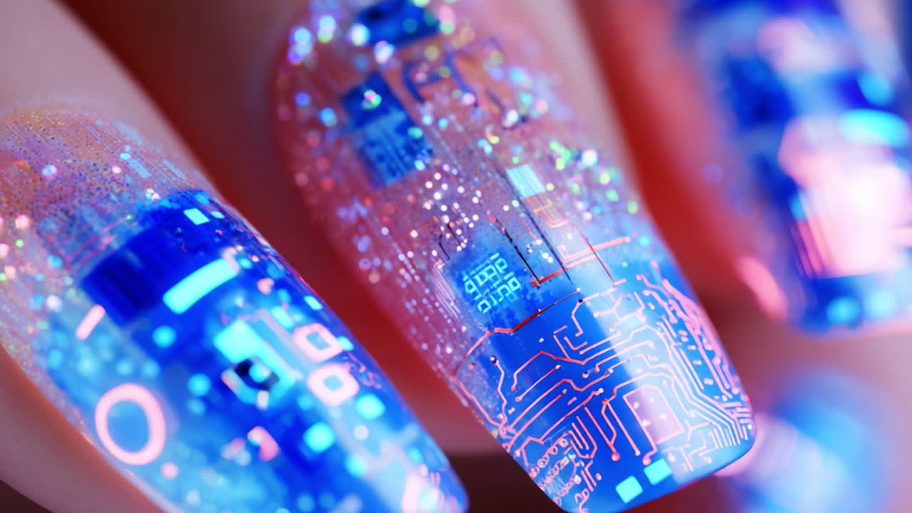 A Glimmering Showcase of High-Tech Nail Art: This Captivating Scene Features Glittery, Bright Blue and Pink Nails Adorned with Intricate Circuitry Designs and Sparkling Details