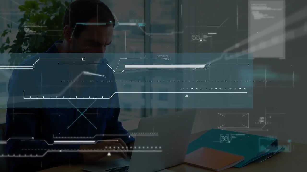Animation of financial data processing over caucasian businessman in office