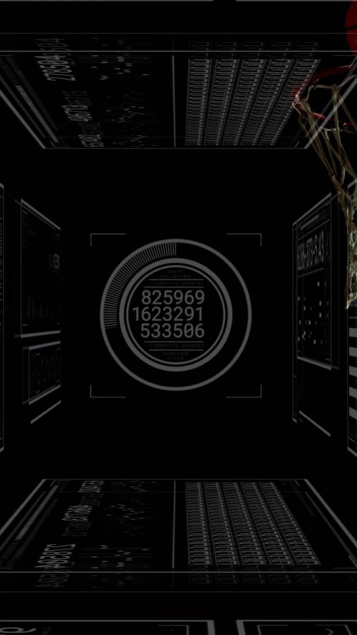 Vertical video: HUD cycling numbers as player entering and dunking hoop, sports analytics updating