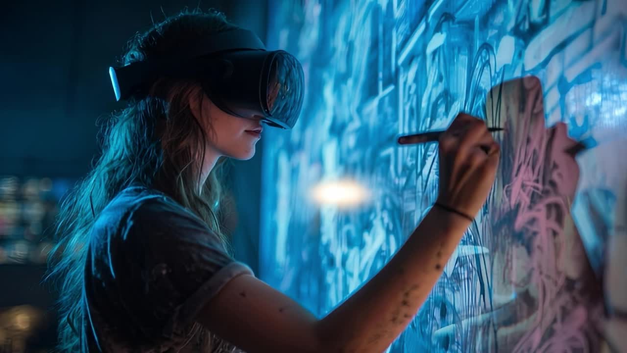 Virtual reality artist creating digital graffiti in an urban setting