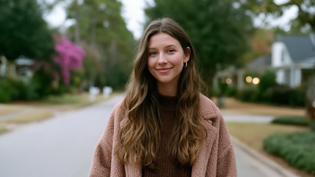Una giovane donna con i capelli lunghi, che indossa un maglione accogliente e un cappotto rosa, sta con sicurezza su una strada suburbana, irradiando calore e positività su uno sfondo sereno.