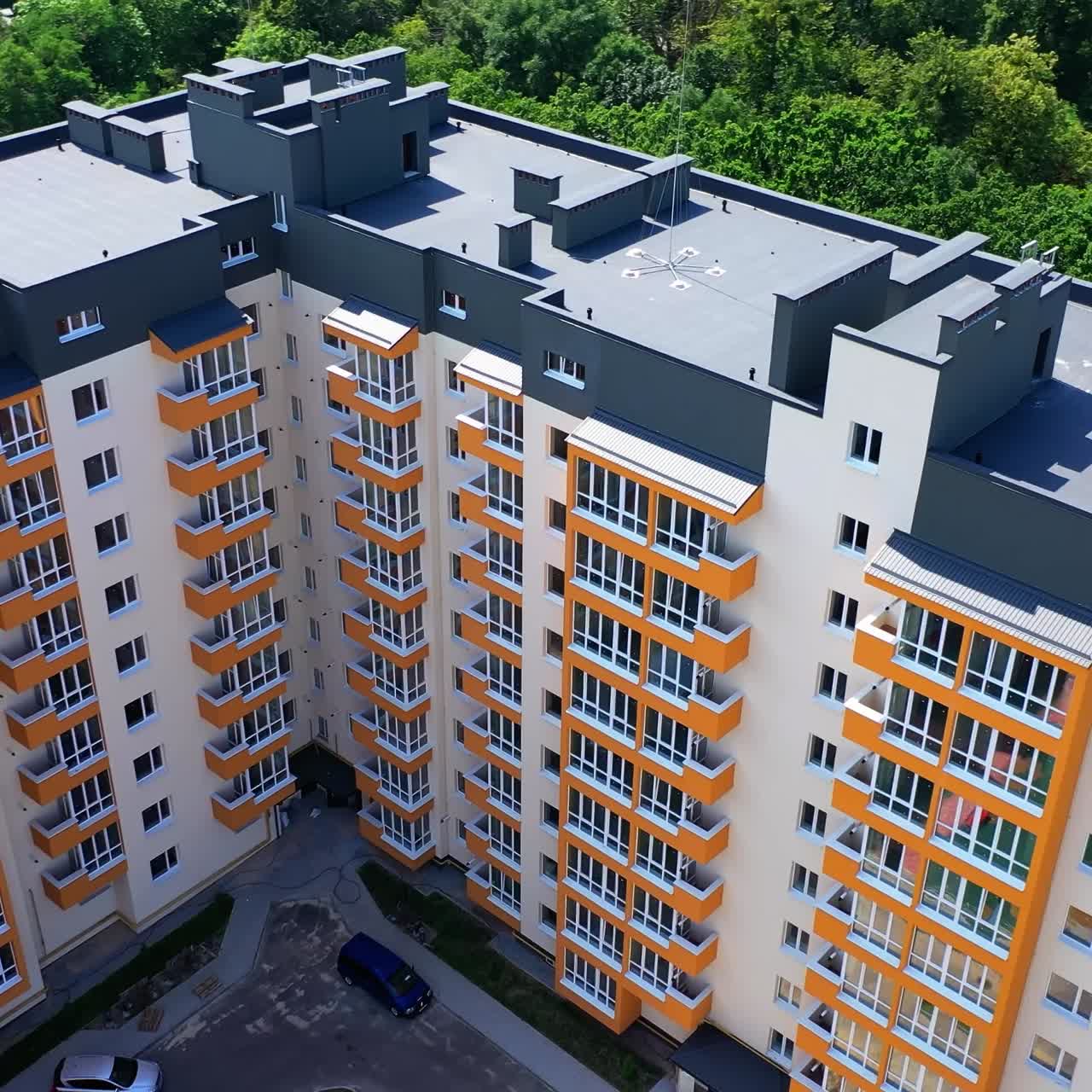 New modern apartment building. Drone view of modern residential complex
