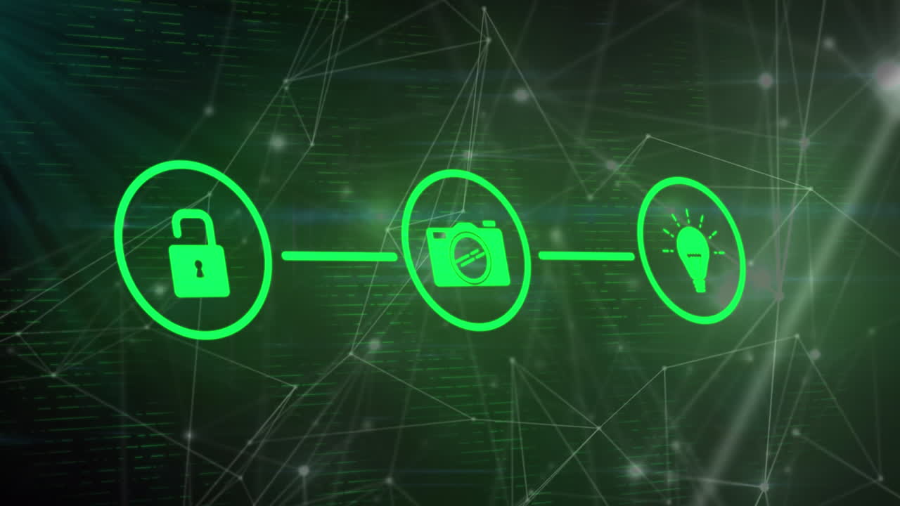 검은색 배경에 아이콘과 데이터 처리를 가진 연결 네트워크의 애니메이션