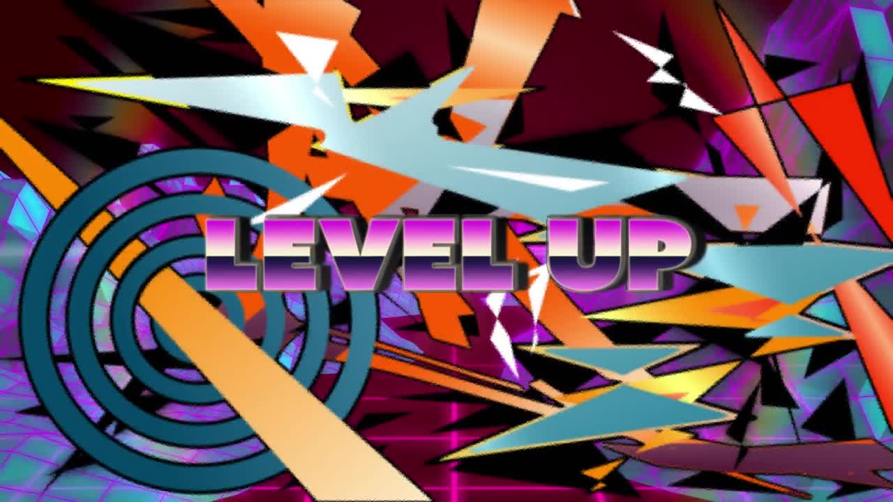 animación de texto de nivel sobre montañas y formas digitales sobre fondo negro