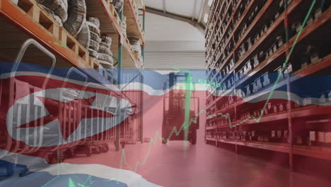 animation of green arrows and flag of north korea over warehouse