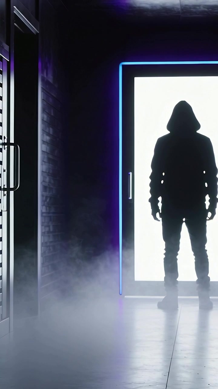 Video verticale: Figura incappucciata in agguato che mantiene la posizione alla porta dell'ingresso, retroilluminata da un profilo al neon con nebbia