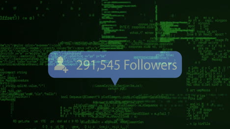 animation of followers text and icon over digital data processing on dark background