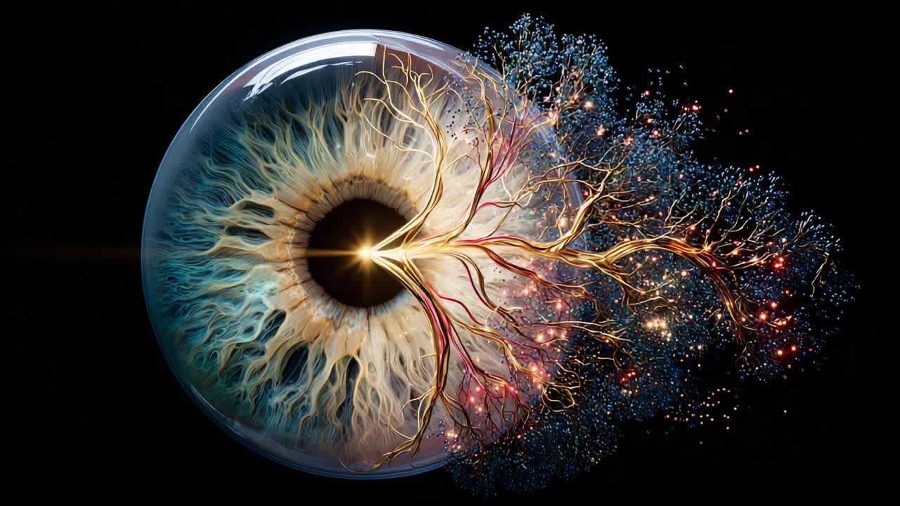 An artistic representation of an eye, intertwining intricate neural pathways and vibrant cosmic elements, symbolizing the connection between perception and the universe in a mesmerizing visual narrative
