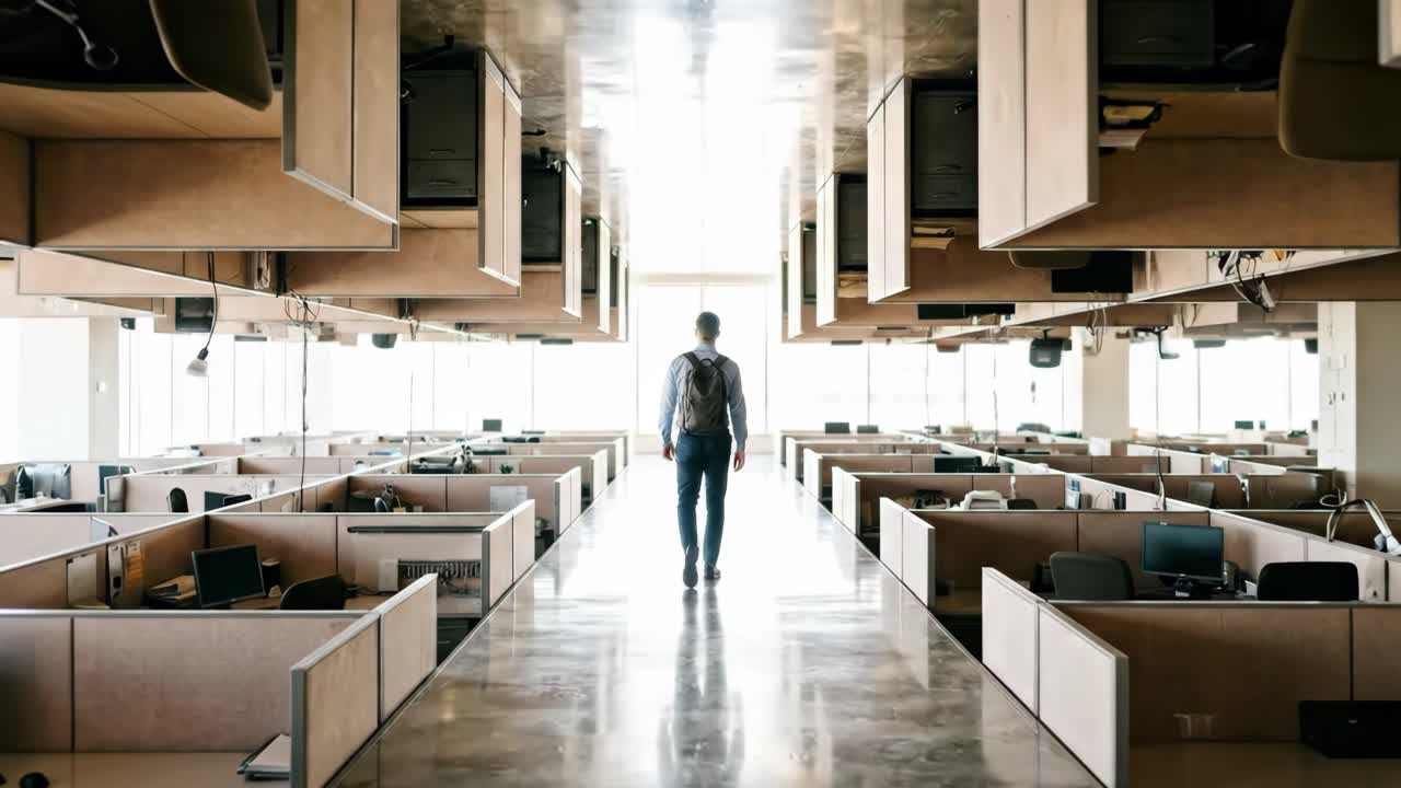 Man Walking Through Empty Modern Office with Reflective Floor