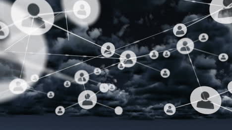 animation of networks of connections with icons over sky