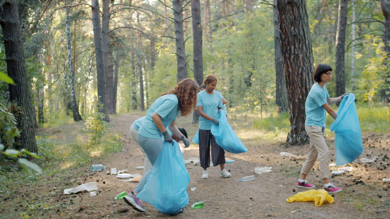 Community Volunteers Cleaning Up a Forest Trail