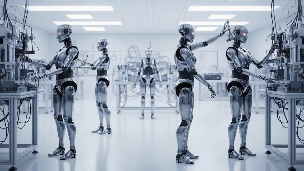 A Futuristic Robotics Laboratory Featuring Advanced Androids Engaged in High-Tech Manufacturing Processes in a Cleanroom Environment