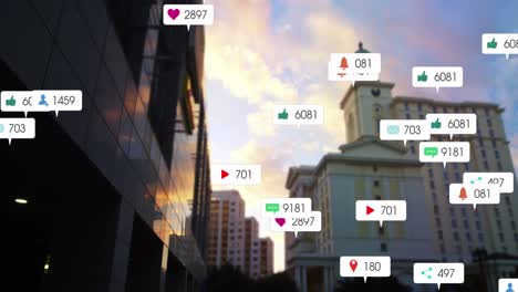 Animación-De-íconos-De-Notificación-Con-Números-Y-Time-lapse-De-Nubes-Moviéndose-Sobre-Edificios