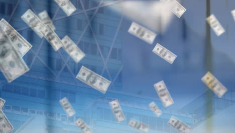 animation of dollar bills over people walking against glass window and modern building