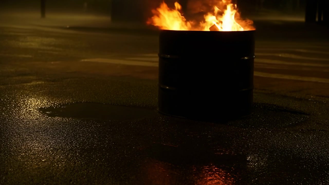 Metal barrel positioned center-right on rain-slick street at night, top rim filled with bright orange-yellow flames while lower drum remains in deep shadow