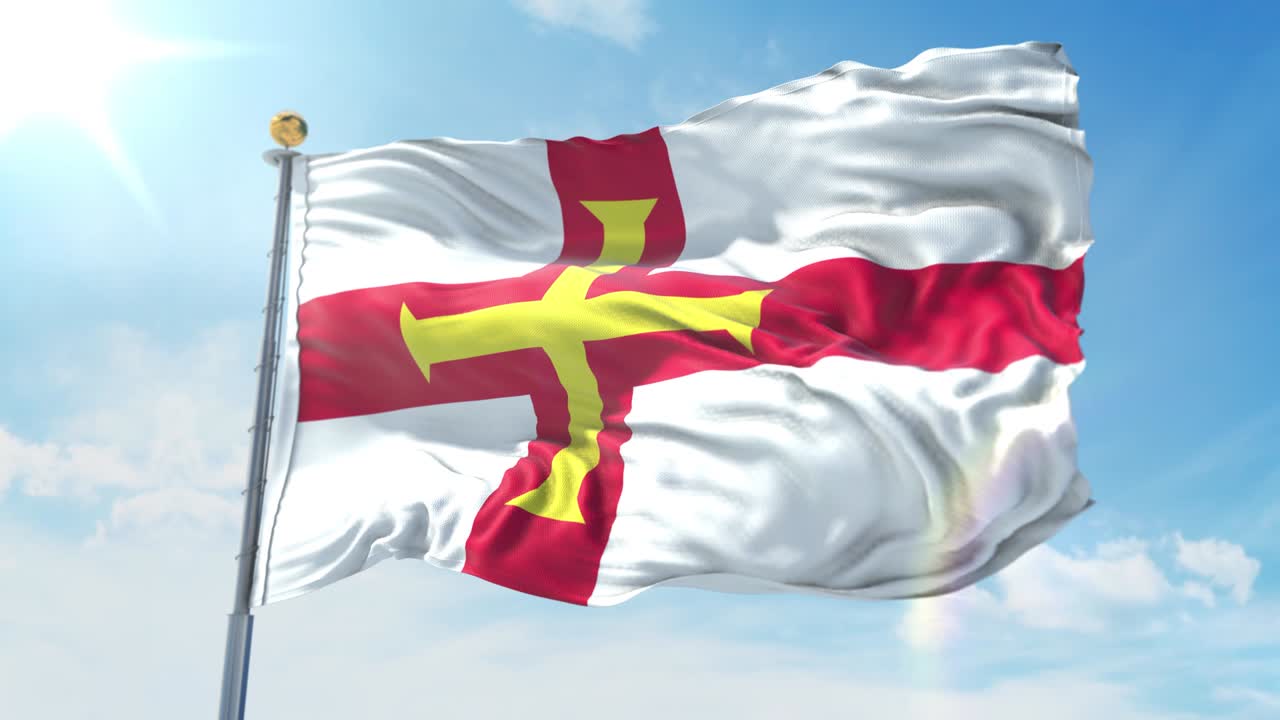 깊은 파란 하늘을 배경으로 바람에 흔들리는 guernsey 발, 국가 테마, 국제 개념, 3d 렌더리 원활한 루프 4k