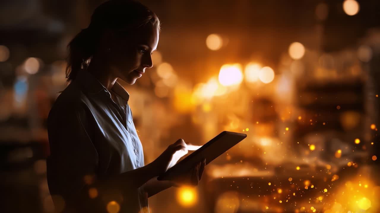Una donna riflessiva che usa un tablet in un ambiente scarsamente illuminato, circondata da luci calde e un'atmosfera scintillante, che mostra coinvolgimento digitale e curiosità