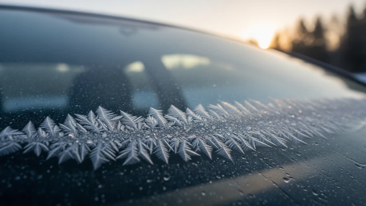 Ethereal Frost Patterns Forming on a Car Windshield Amidst a Wintery Sunset, Capturing the Beauty of Nature's Icy Artistry and the Chill of the Season