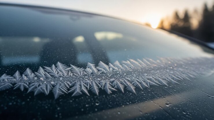 Eterei Motivi di Brina che si Formano sul Parabrezza di un'Auto, sullo Sfondo di un Tramonto Invernale, Catturando la Bellezza dell'Arte Ghiacciata della Natura e il Gelo della Stagione