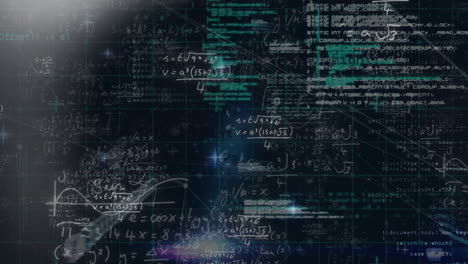 animation of mathematical equations and network of connections over data processing