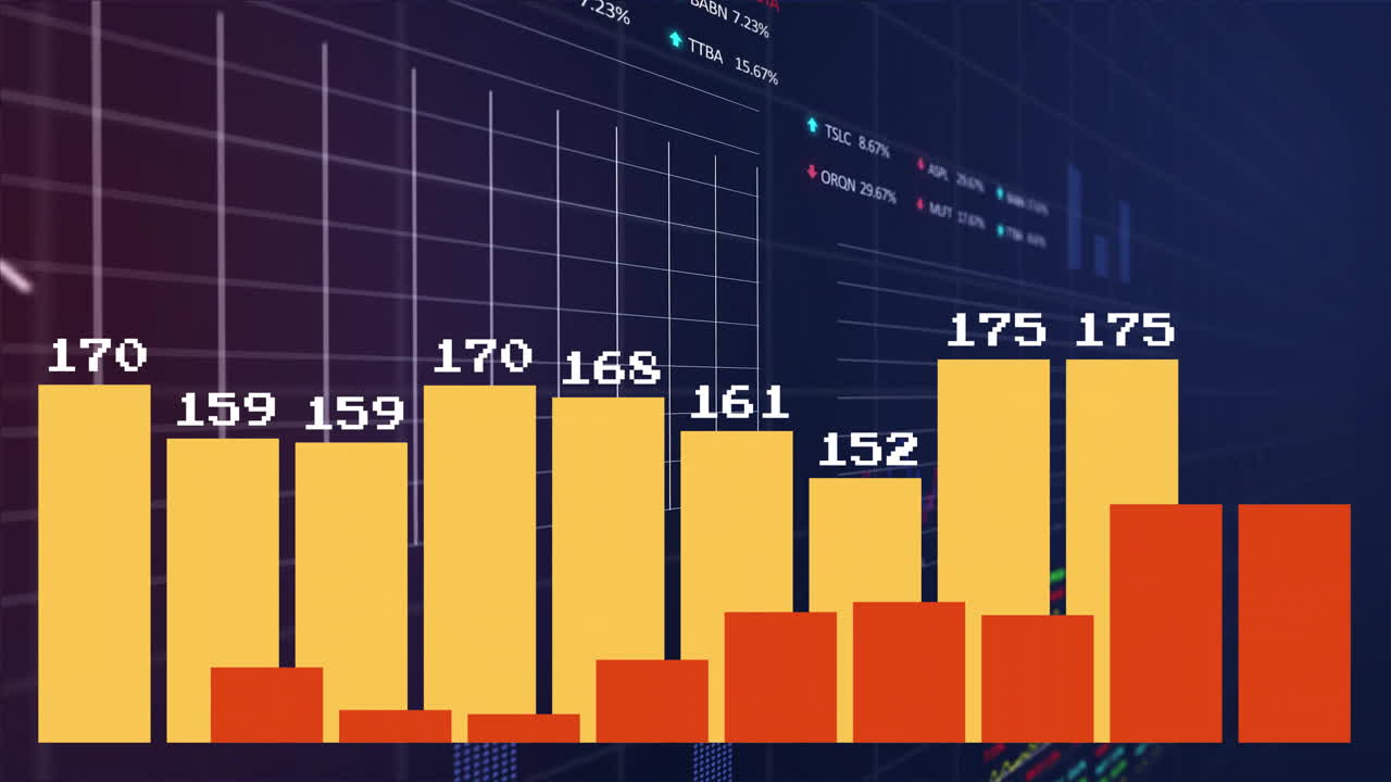 animación del procesamiento de datos financieros sobre una cuadrícula sobre un fondo oscuro