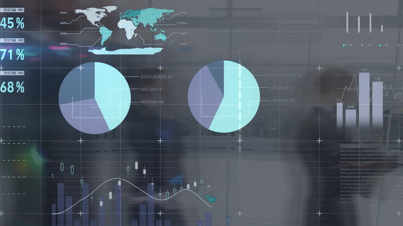 Animation of statistics and financial data processing over people walking and cityscape