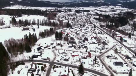 rural area with houses in wintery surroundings in above angled aerial