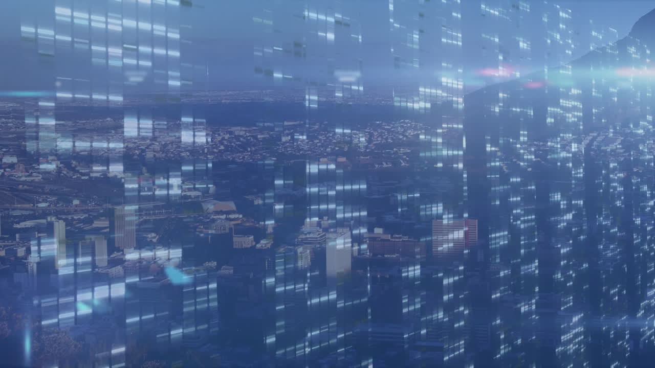 Animation of data processing and icons over cityscape