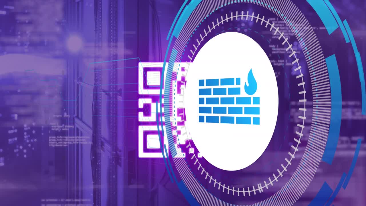 Animation of data processing with wall icon and qr code over server room