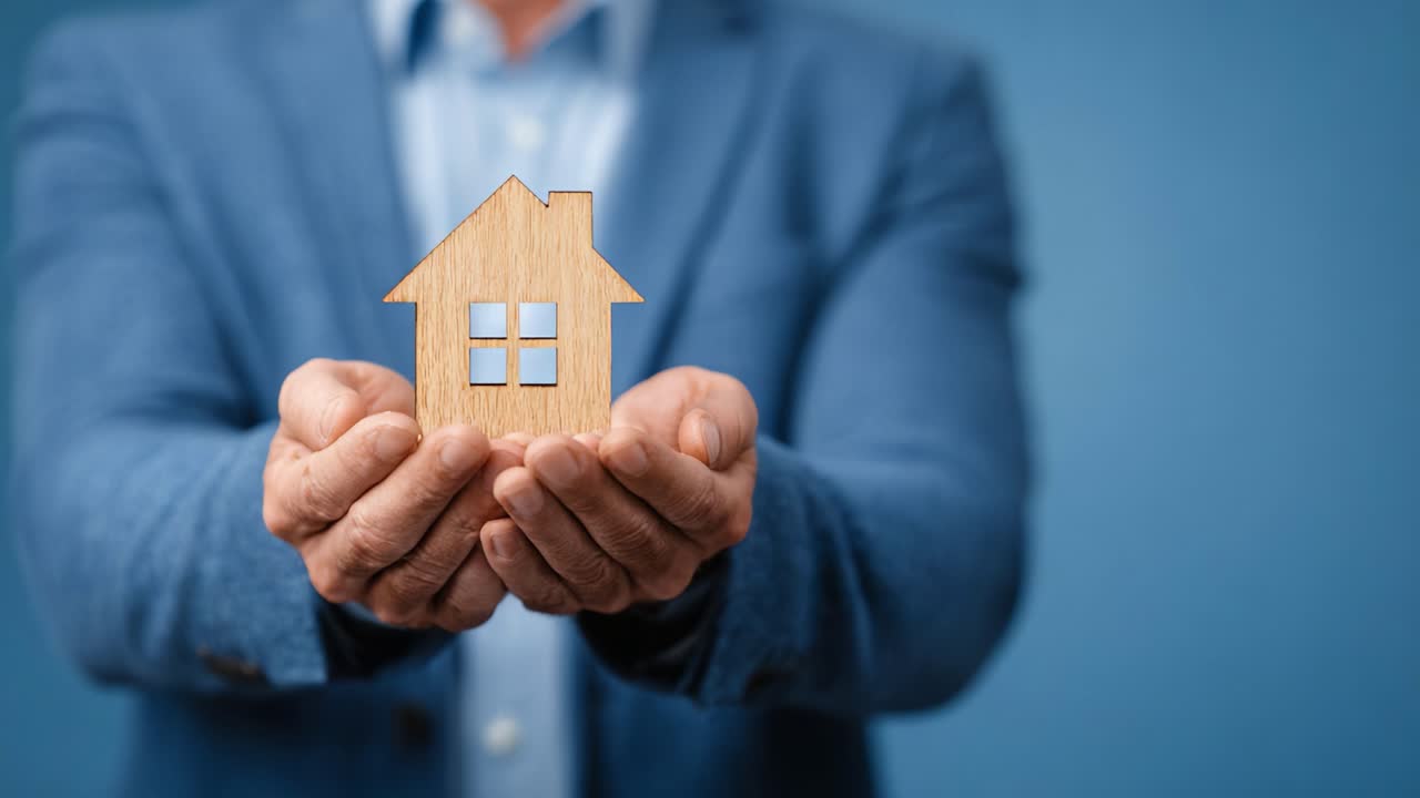 Una persona che tiene in mano un simbolo di casa in legno, che rappresenta la proprietà immobiliare, un investimento o un concetto immobiliare in un contesto professionale su uno sfondo blu sereno.