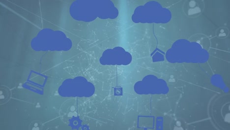 Animation-of-cloud-icons-over-network-of-connections-on-blue-background