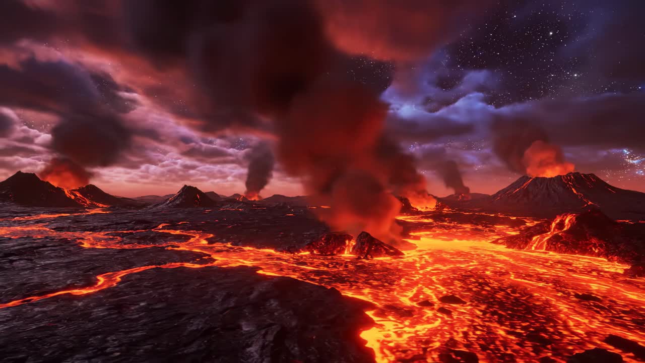 Volcanic Eruption Landscape at Night