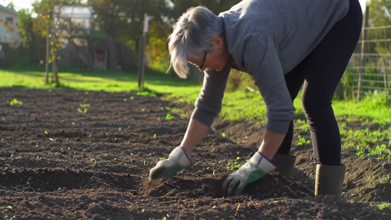 A dedicated gardener prepares the soil for planting, showcasing the love for nurturing nature and growing vegetables in a sunny backyard garden environment