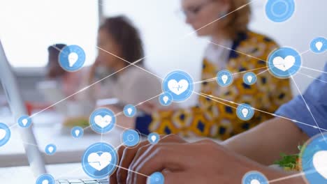 animation of network of connections over diverse business people in office