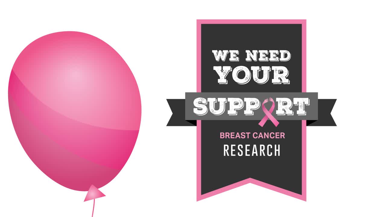 animación de un globo rosa volando sobre el logotipo de la cinta rosa y el texto del cáncer de mama