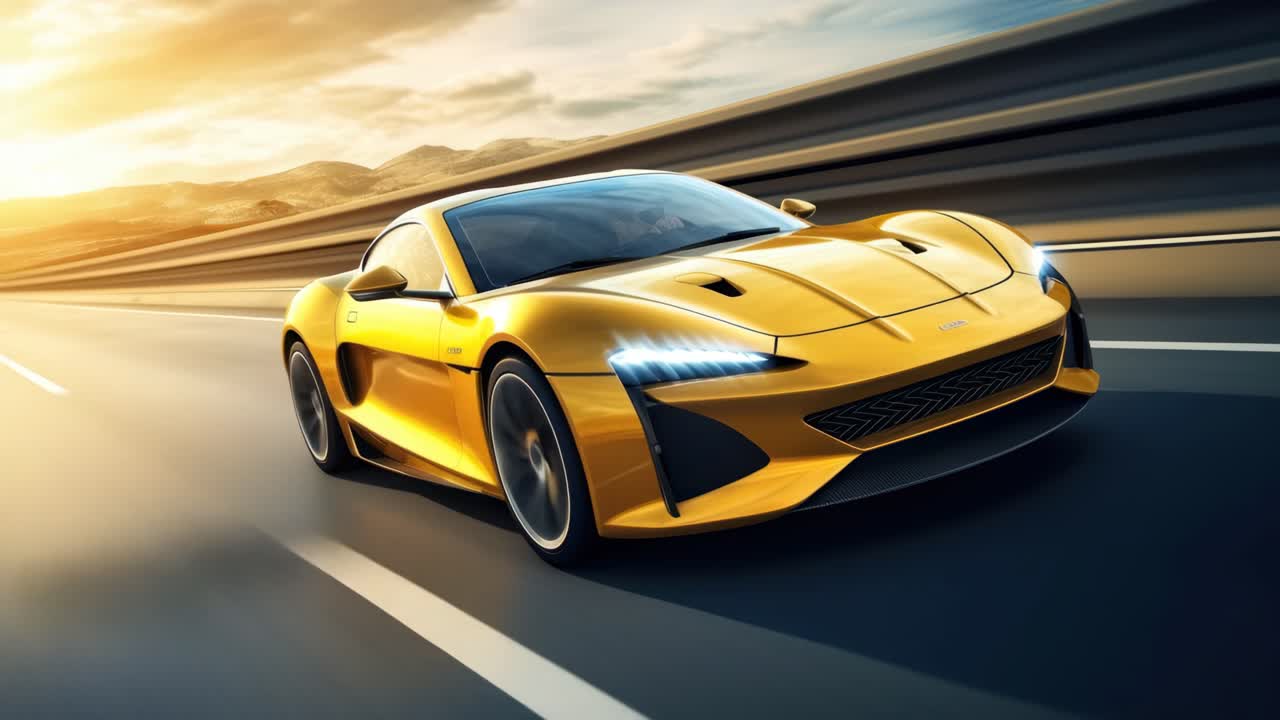 Dynamic low-angle shot of a sleek, yellow sports car speeding on a highway at sunset
