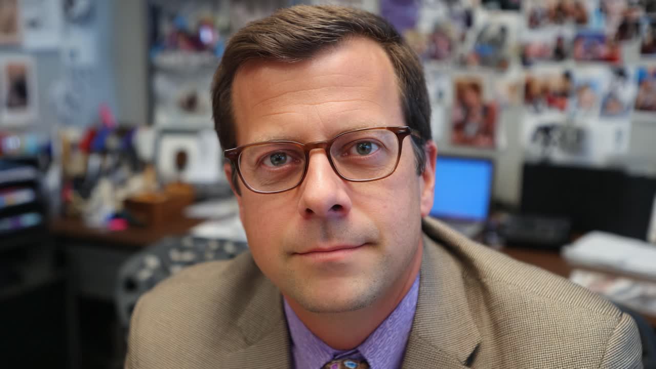 Professional Individual Engaged in Serious Discussion, Focused Thoughtfully with a Detailed Background Depicting Various Images and Documents in an Office Setting