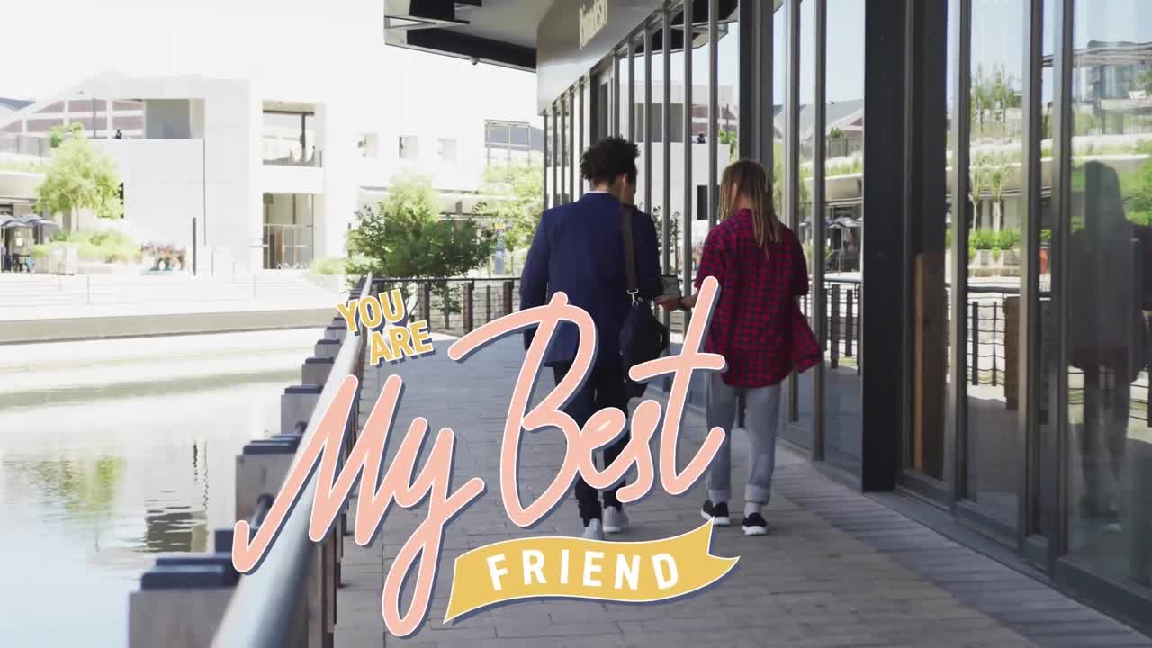 animación de diversas personas caminando y mi mejor amigo texto